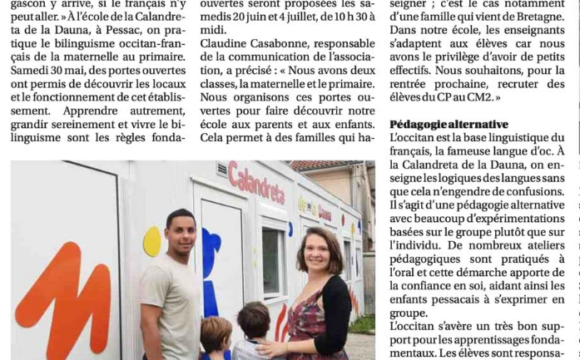 La Calandreta de la Dauna à l&rsquo;honneur dans Sud Ouest : une école bilingue qui fait grandir les enfants autrement