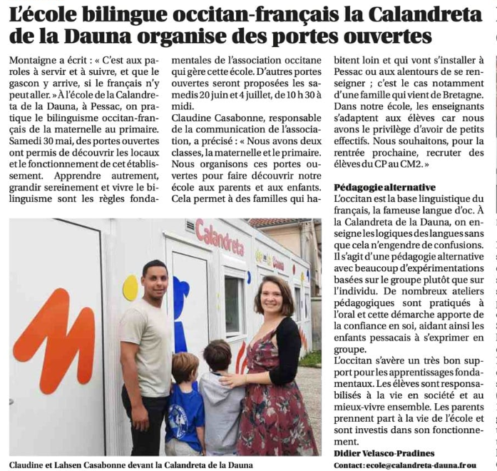 La Calandreta de la Dauna à Pessac mise à l'honneur par Sud Ouest La Calandreta de la Dauna à l’honneur dans Sud Ouest : une école bilingue qui fait grandir les enfants autrement