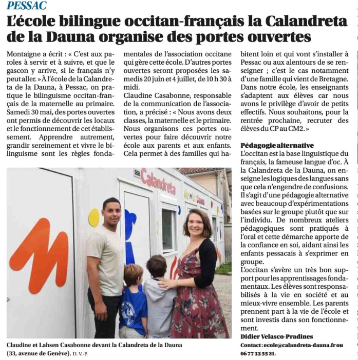 La Calandreta de la Dauna à Pessac mise à l'honneur par Sud Ouest La Calandreta de la Dauna à l’honneur dans Sud Ouest : une école bilingue qui fait grandir les enfants autrement