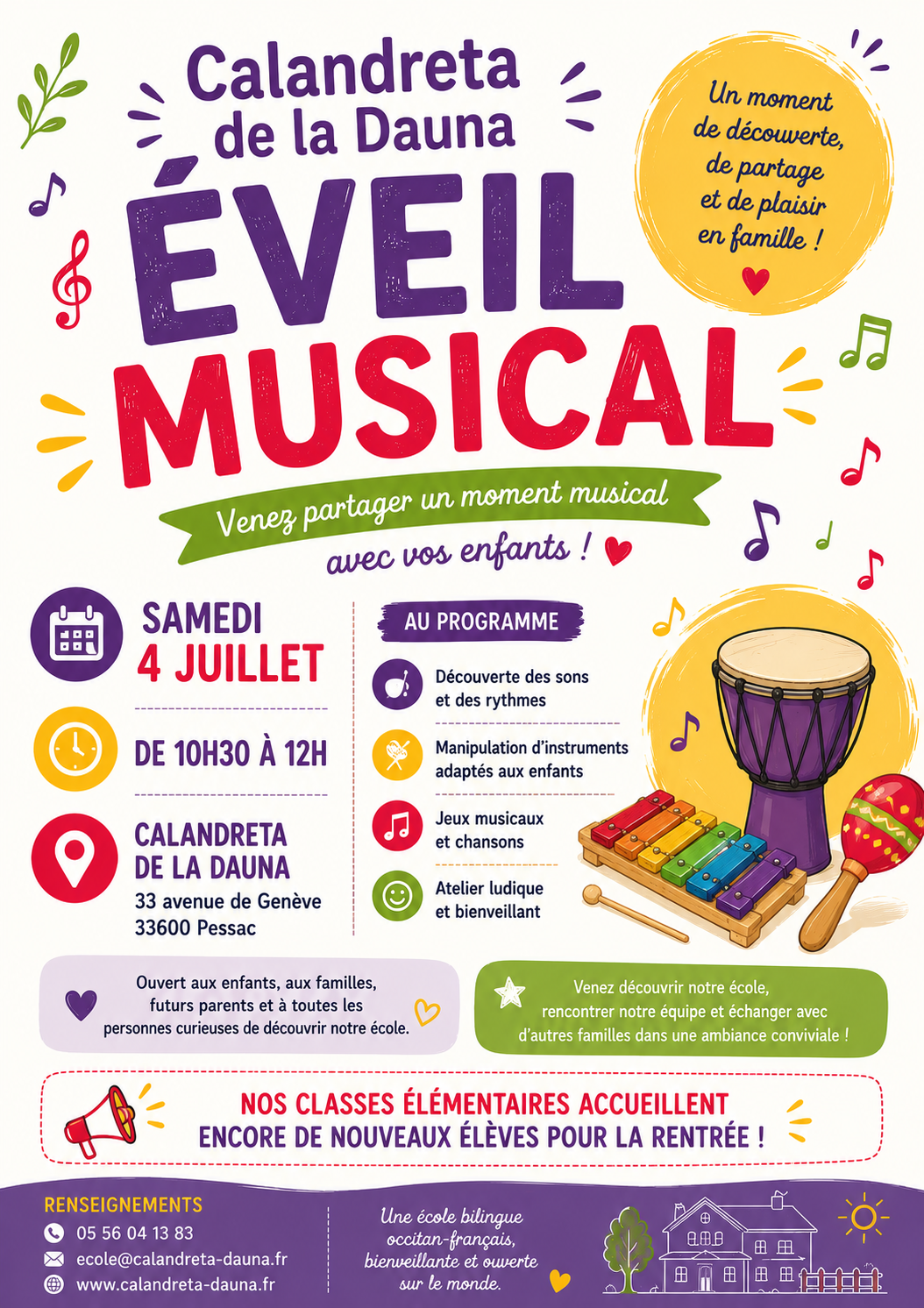 Atelier éveil musical enfants à la Calandreta de la Dauna à Pessac